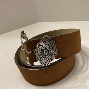 Women’s Belt Embossed Metal Western S/M Brown Silver Tone Tip Floral Design